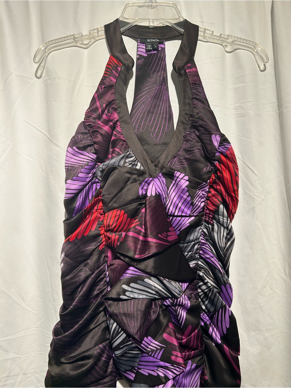 XOXO Ruffle Halter Top Large Black Purple Y2K Going Out Blouse NWOT